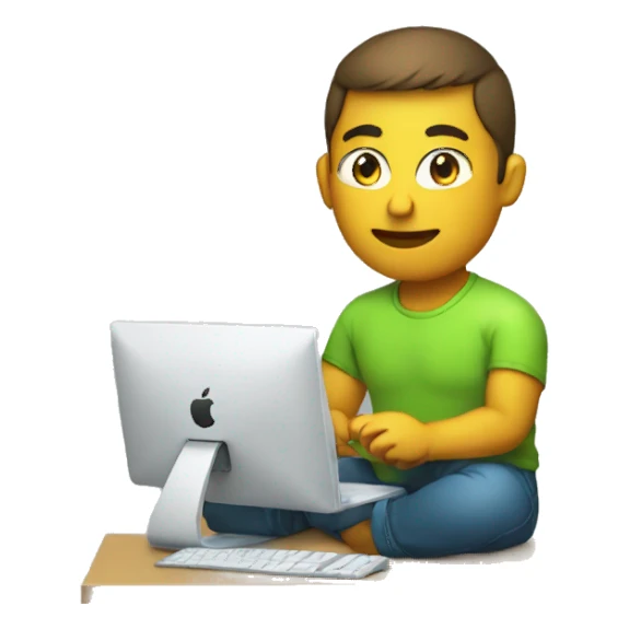 web developer in light green t-shirt sitting on apple computer sticker