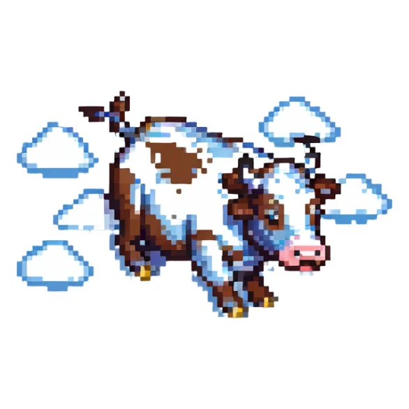 a flying cow, pixel art style, simple clouds sticker