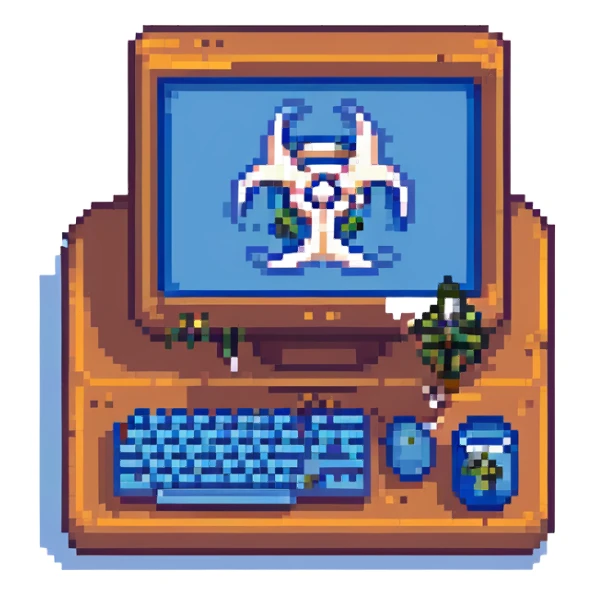 blue screen computer with a biohazard sign sticker