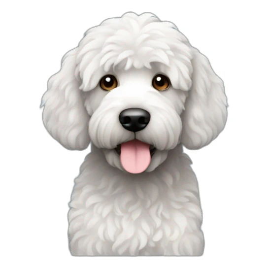 Black labradoodle with a white chest sticker