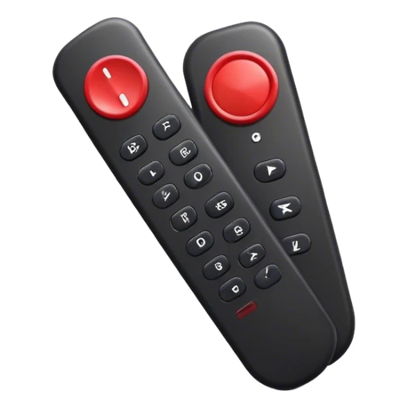 one black tv remote control with red border,  2Dimensions. The remote control have to have 4 buttons in black and one big one in red and the play sign sticker