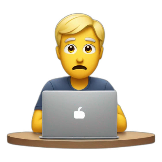 A confused man with a question mark and a laptop sticker