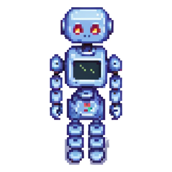a robot presenting a screen, pixel art style sticker