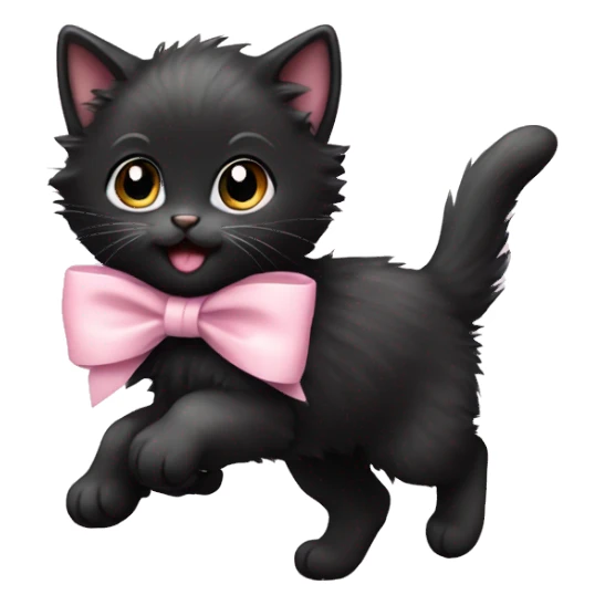 fluffy black kitten running with pale pink bow sticker