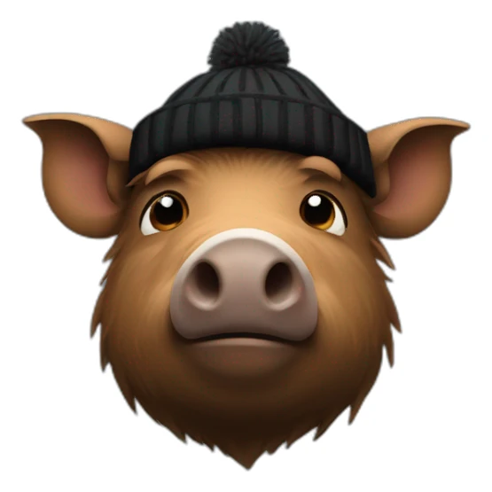 Really sad brown boar in a black winter hat sticker