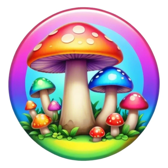 A round psychedelic colored button with bezeled edges and rainbow colored mushrooms sticker