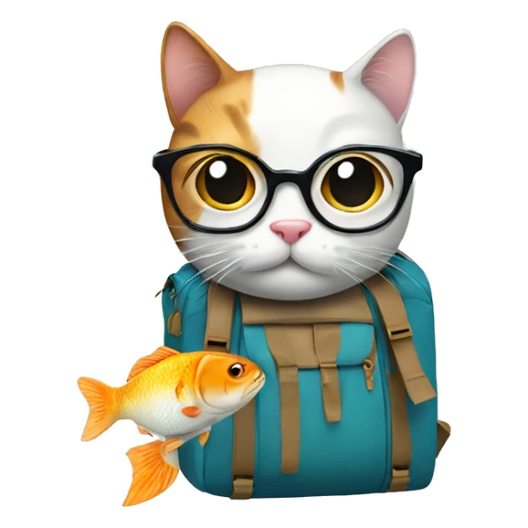 Cat with a backpack and inside backpack a fish with glasses sticker