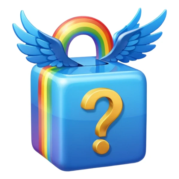 Blue cube with blue wings and has a rainbow question mark sticker