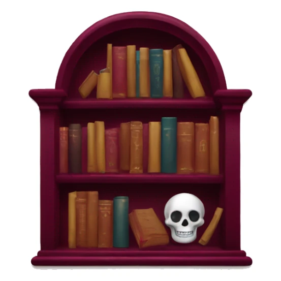 maroon bookshelf with candlestick and skull sticker