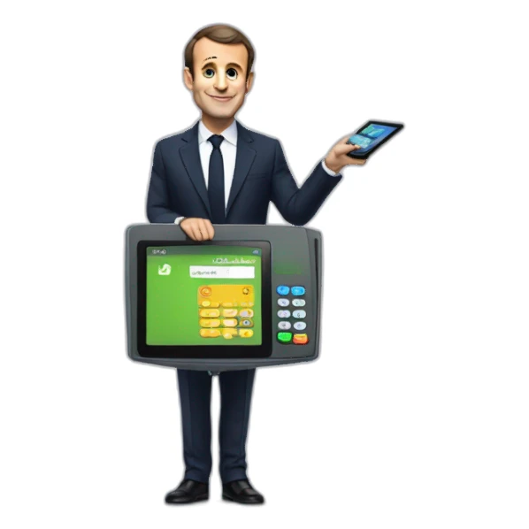 Emmanuel Macron presenting payment on a payment terminal sticker