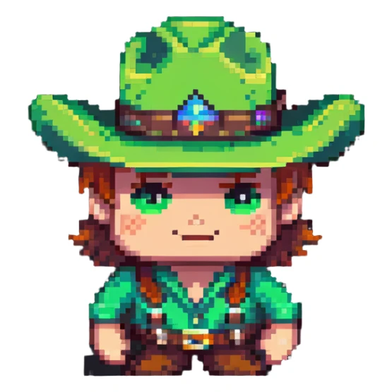 Cowboy character with a bright green hat sticker