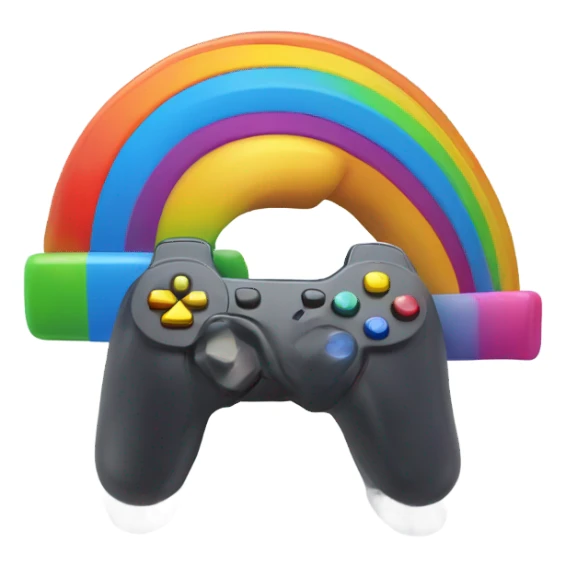 A rainbow sits on a joystick sticker