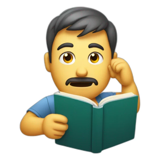 Puzzled man scratching head while holding a book sticker