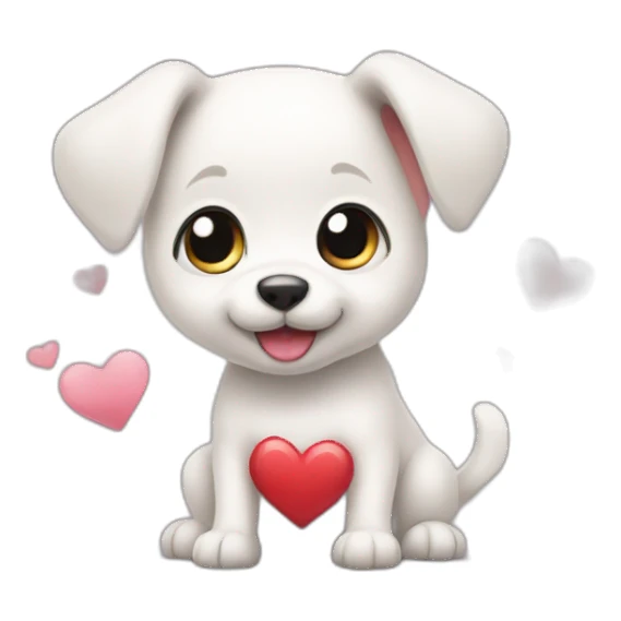 White puppy wagging tail holding heart sticker