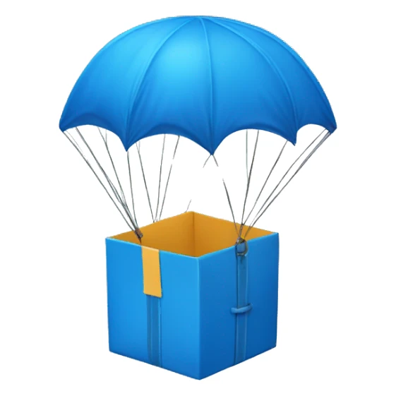 a box bound to a blue parachute sticker