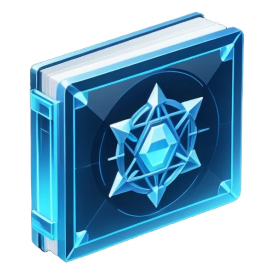 Futuristic holographic data book icon, dark sci-fi interface style, crystal neon blue light, sharp geometry, high tech game UI icon, minimalistic, cyber space theme, volumetric glow, centered, transparent background, no cartoon, no cute, no emoji face, 100x100 px sticker