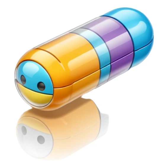 A single 3D cartoon capsule lying on a reflective surface, split color design, detailed shine, simple lighting, realistic Memoji-style. sticker