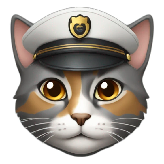 full grey and brown calico cat face wearing a pilot hat sticker
