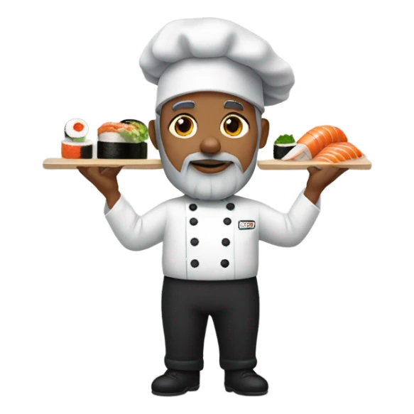Chef with a gray beard and a black baseball hat rolling sushi sticker