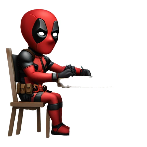 Cute Deadpool sitting at a desk, front view sticker