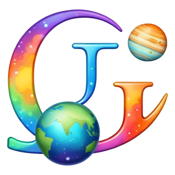 letter J with colorful planets orbiting around it sticker