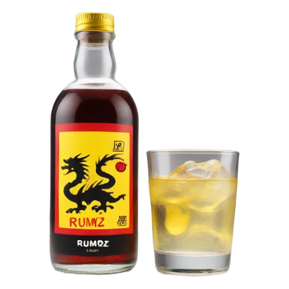 clear bottle with clear alcohol with yellow dragon on a black and red label that says “RUMPZ” alcohol sticker