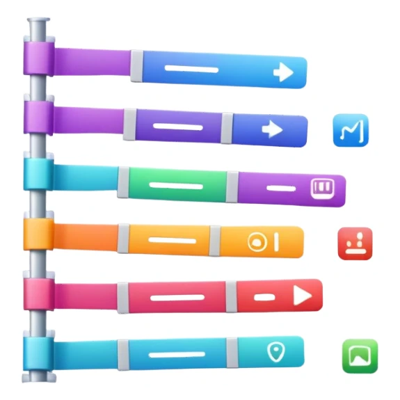 Video editing timeline with multiple clips, showing a horizontal timeline with colorful video segments and a playhead sticker
