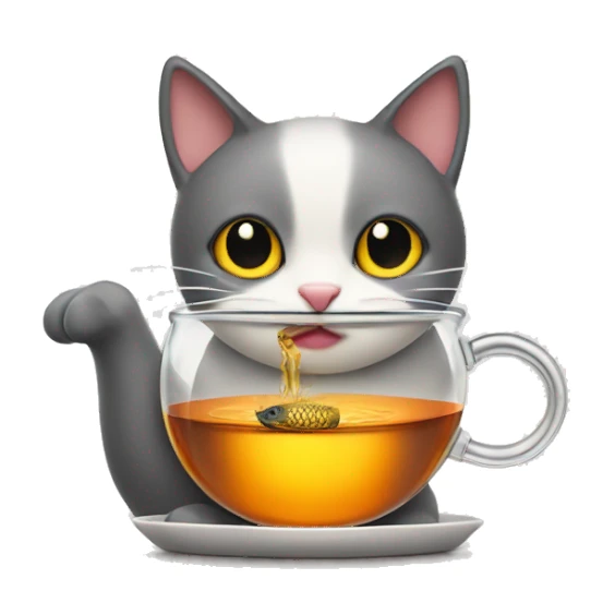 cat sipping tea from kettle with fish in its hand sticker
