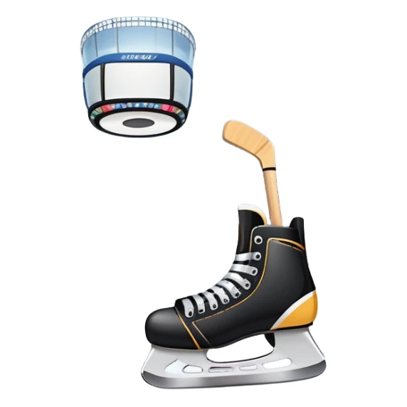 Please, make An icon featuring The background shows a packed stadium with cheering fans, bright arena lights, and an icy rink and close-up shots of key hockey equipment: a hockey stick, puck, and skates. Transparent background highlights the essentials of the game and the thrill of the sport. sticker