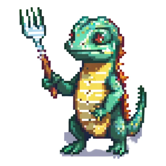lizard holding a fork and a fish sticker