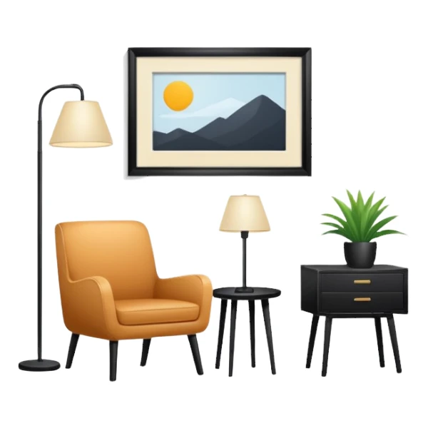 Minimalistic flat vector icon, iOS style, thin black contour on white background. Floor lamp and chair next to a framed picture on wall. Clean, no text, no shadows sticker