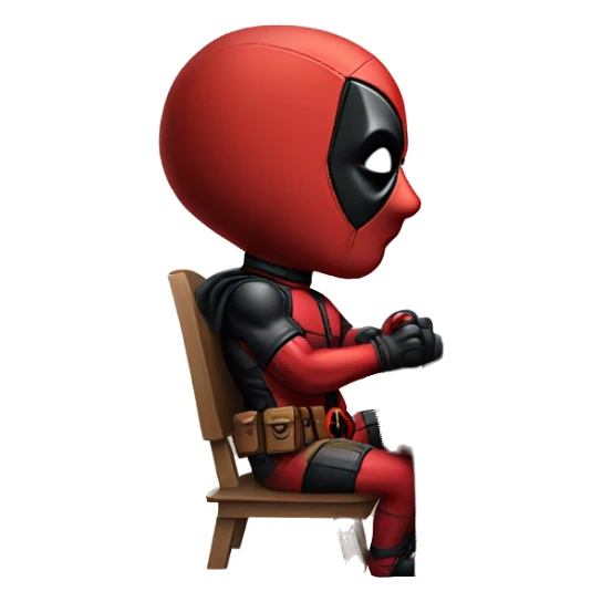 Cute Deadpool sitting at a desk, front view sticker