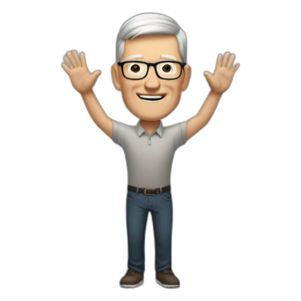 Tim Cook happy with hands up sticker