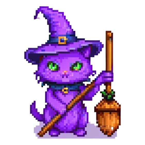 purple witch cat with a broom sticker