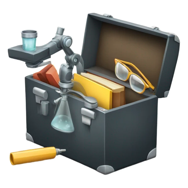 toolbox for scientist with a book, glasses, microscope sticker