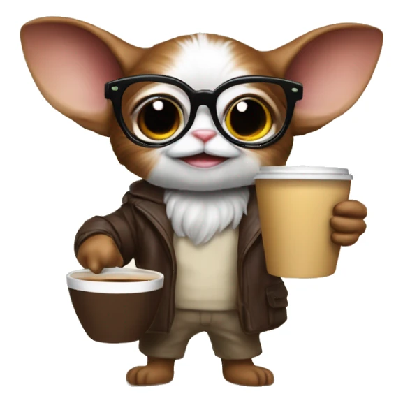 Cute gizmo from gremblins studyng with glasses and a coffe sticker