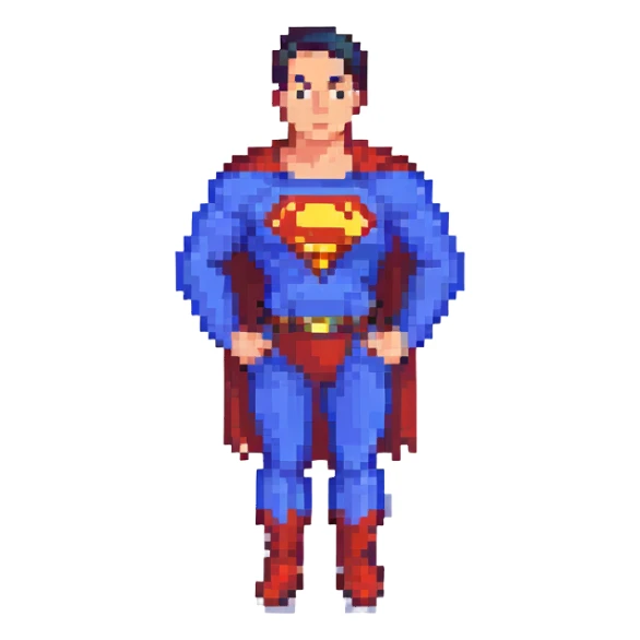 Superman, hands on hips, pixel art style sticker