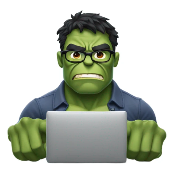Hulk typing on the computer with glasses on sticker