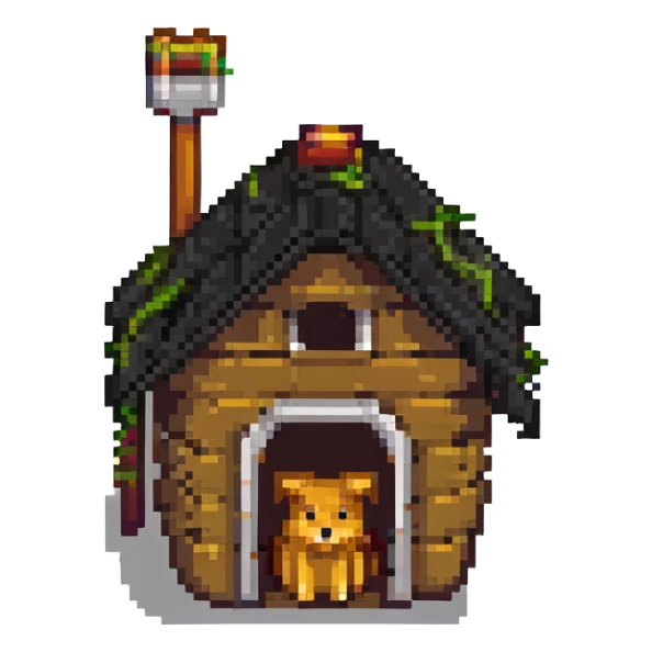 a pixel art broom in a doghouse sticker