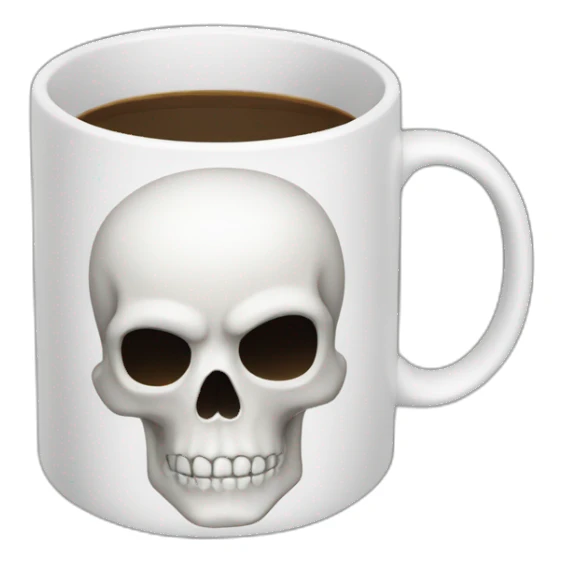 A white coffee mug with a skull on it sticker
