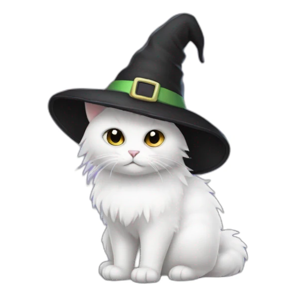 White fluffy cat with black cone witch hat sticker