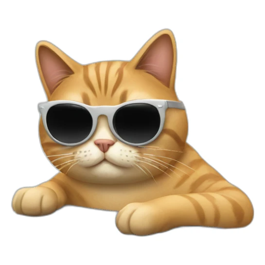 cat with round sunglasses working behind a laptop sticker