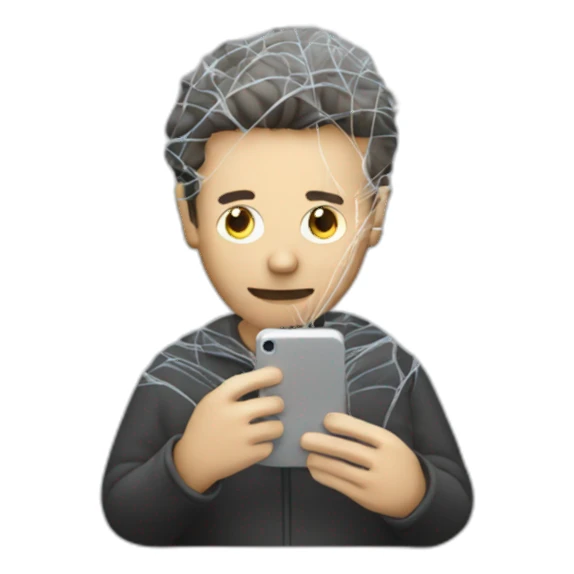 man with mobile phone, both covered with cobweb sticker