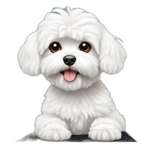 A white maltipoo with macbook sticker