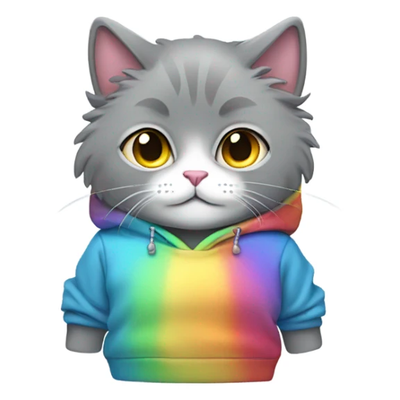 Grey fluffy cat wearing a rainbow hoodie  sticker
