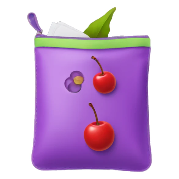 Purple pouch with circle shape and cherry on it sticker