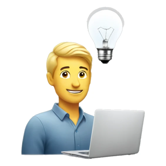 man with laptop and light bulb above head sticker