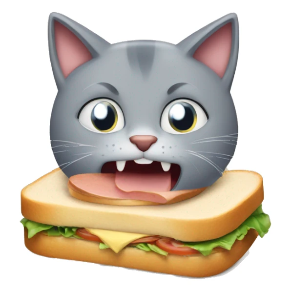 Grey cat bite a sandwich teeth showng sticker