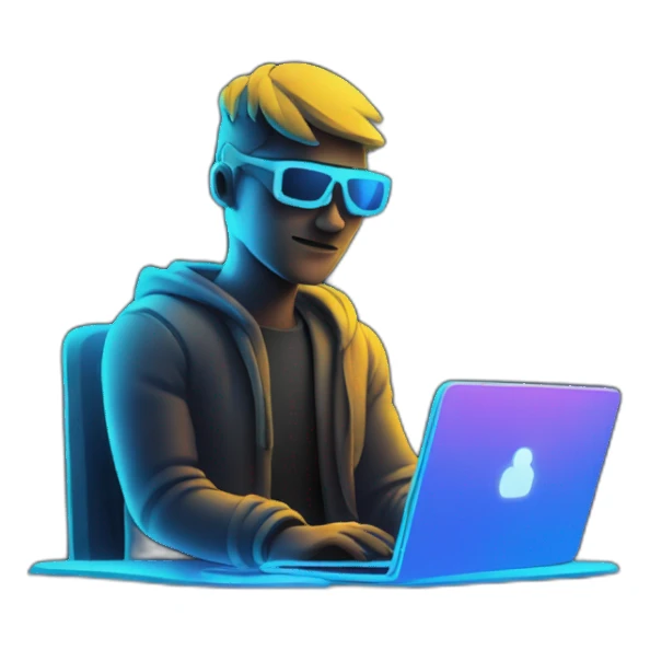 programmer with laptop in dark neon room sticker