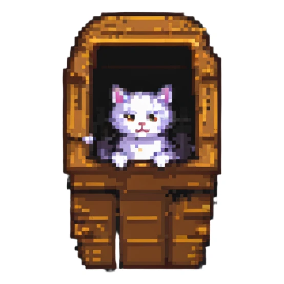 a cat in a coffin, pixel art style sticker